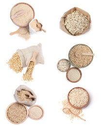 Image of Oat bran, whole grains and rolled flakes isolated on white, set. Top view