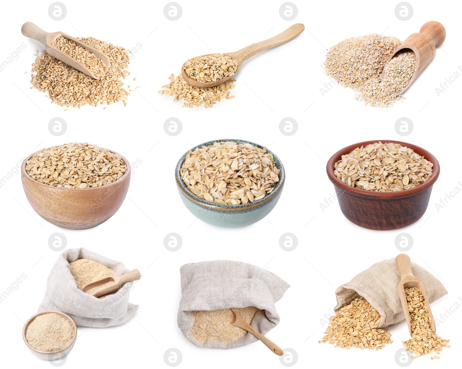 Oat bran, whole grains, powder and rolled flakes isolated on white, set Image of Oat bran, whole grains, powder and rolled flakes isolated on white, set