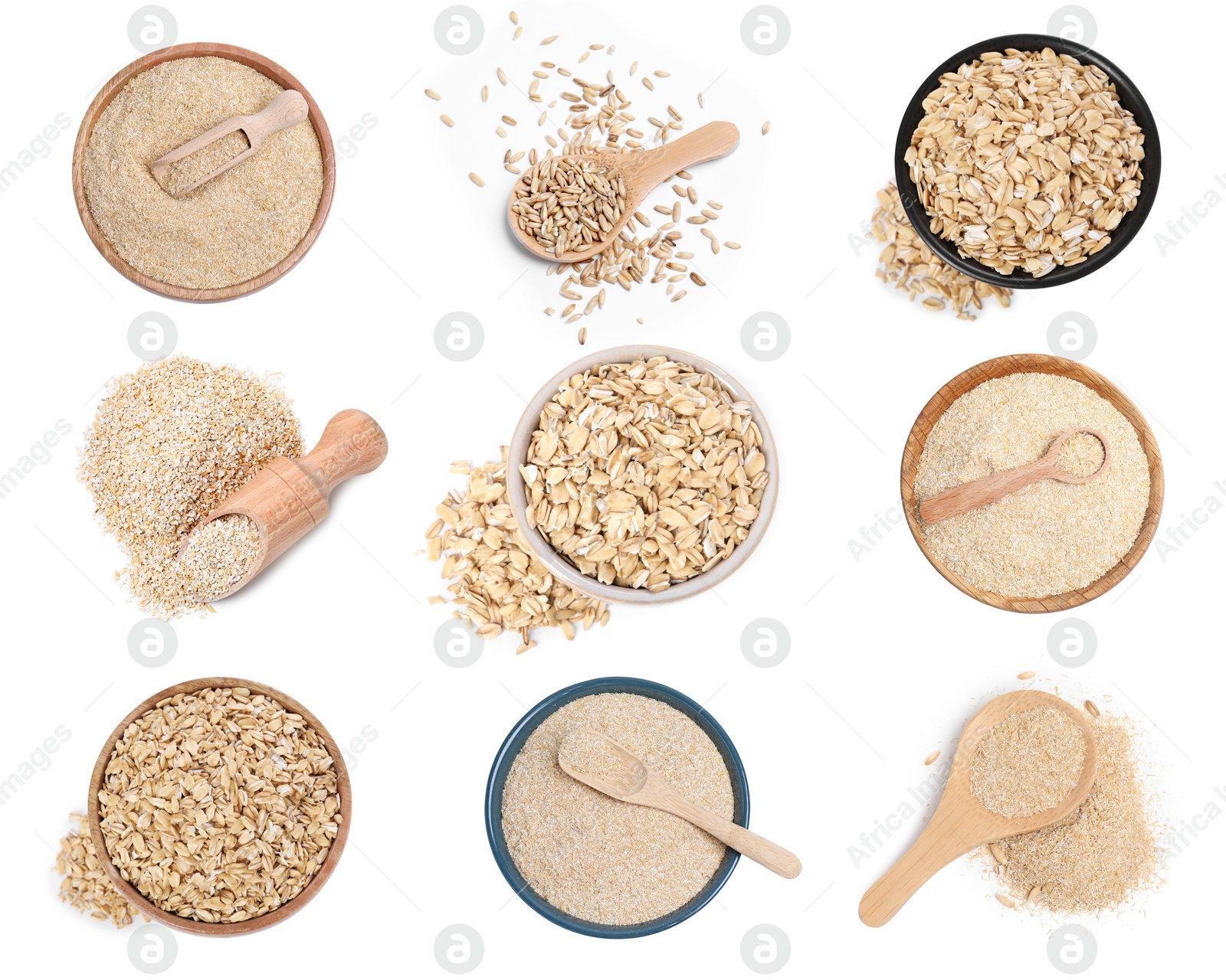 Oat bran, whole grains and rolled flakes isolated on white, set. Top view Image of Oat bran, whole grains and rolled flakes isolated on white, set. Top view