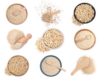Image of Oat bran, whole grains and rolled flakes isolated on white, set. Top view