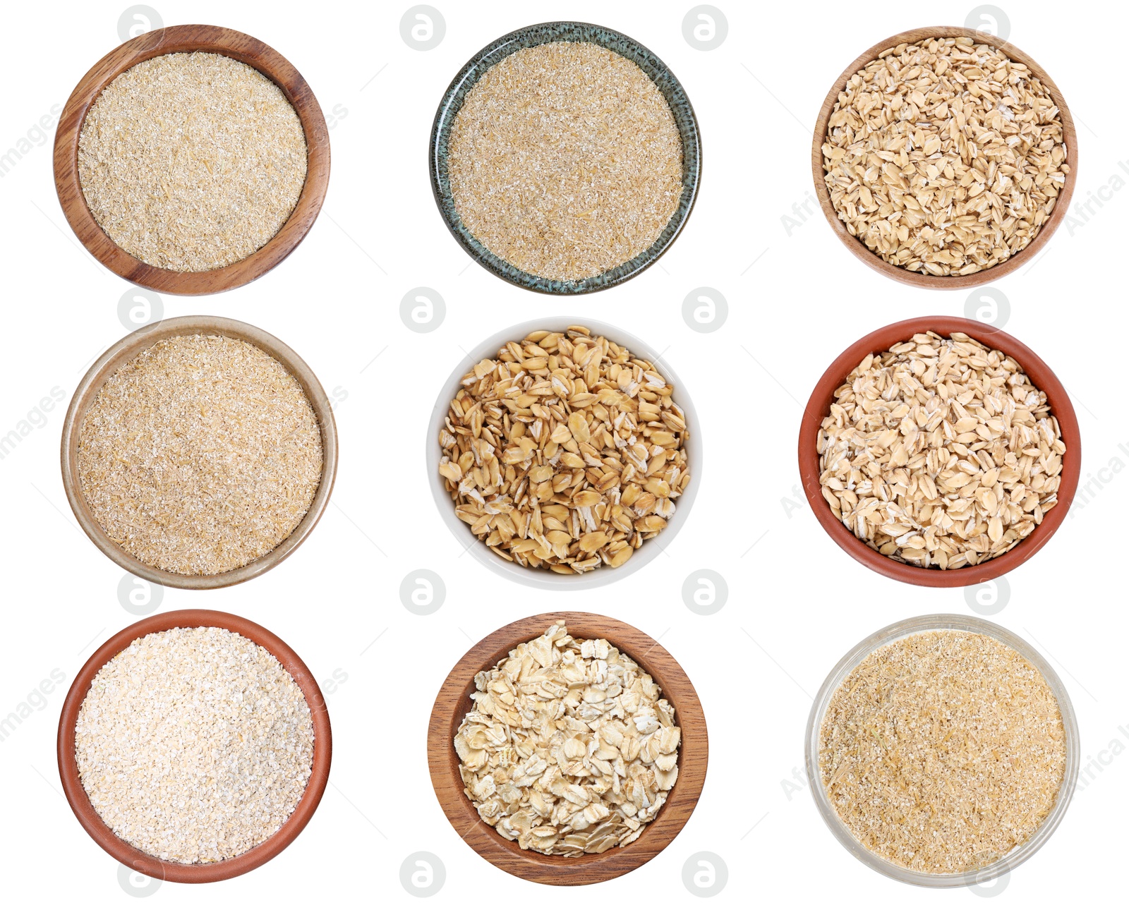 Oat bran, powder and rolled flakes isolated on white, set. Top view Image of Oat bran, powder and rolled flakes isolated on white, set. Top view