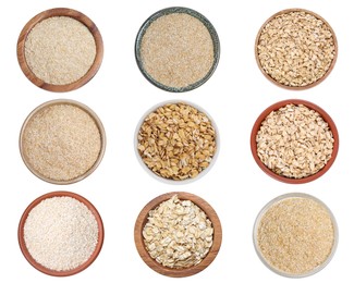 Image of Oat bran, powder and rolled flakes isolated on white, set. Top view