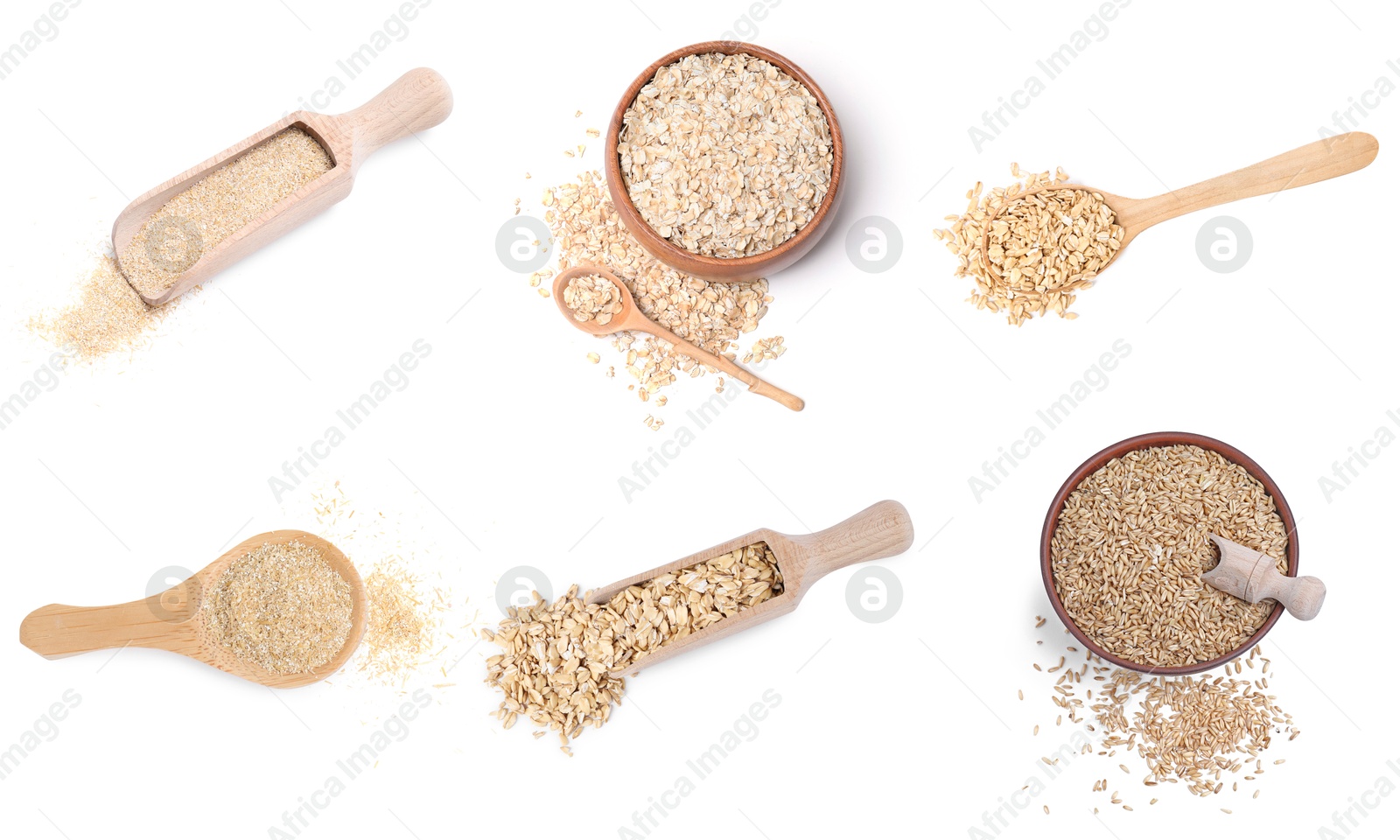 Image of Oat bran, whole grains and rolled flakes isolated on white, set