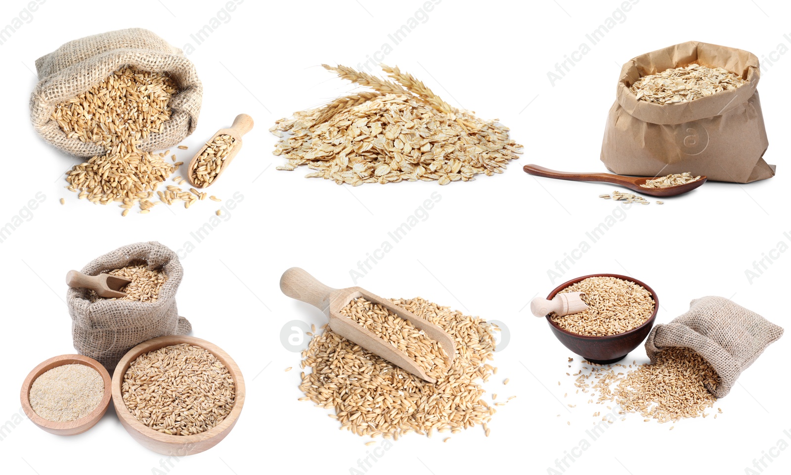 Whole oat grains, bran and rolled flakes isolated on white, set Image of Whole oat grains, bran and rolled flakes isolated on white, set