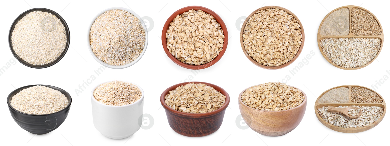 Oat bran, whole grains and rolled flakes isolated on white, set. Top and side view Image of Oat bran, whole grains and rolled flakes isolated on white, set. Top and side view