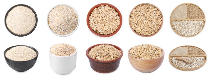 Image of Oat bran, whole grains and rolled flakes isolated on white, set. Top and side view