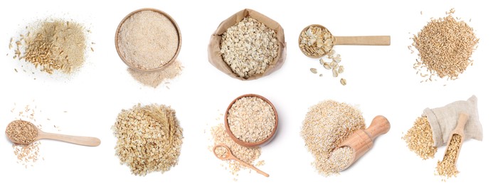 Image of Oat bran, whole grains, powder and rolled flakes isolated on white, set. Top view