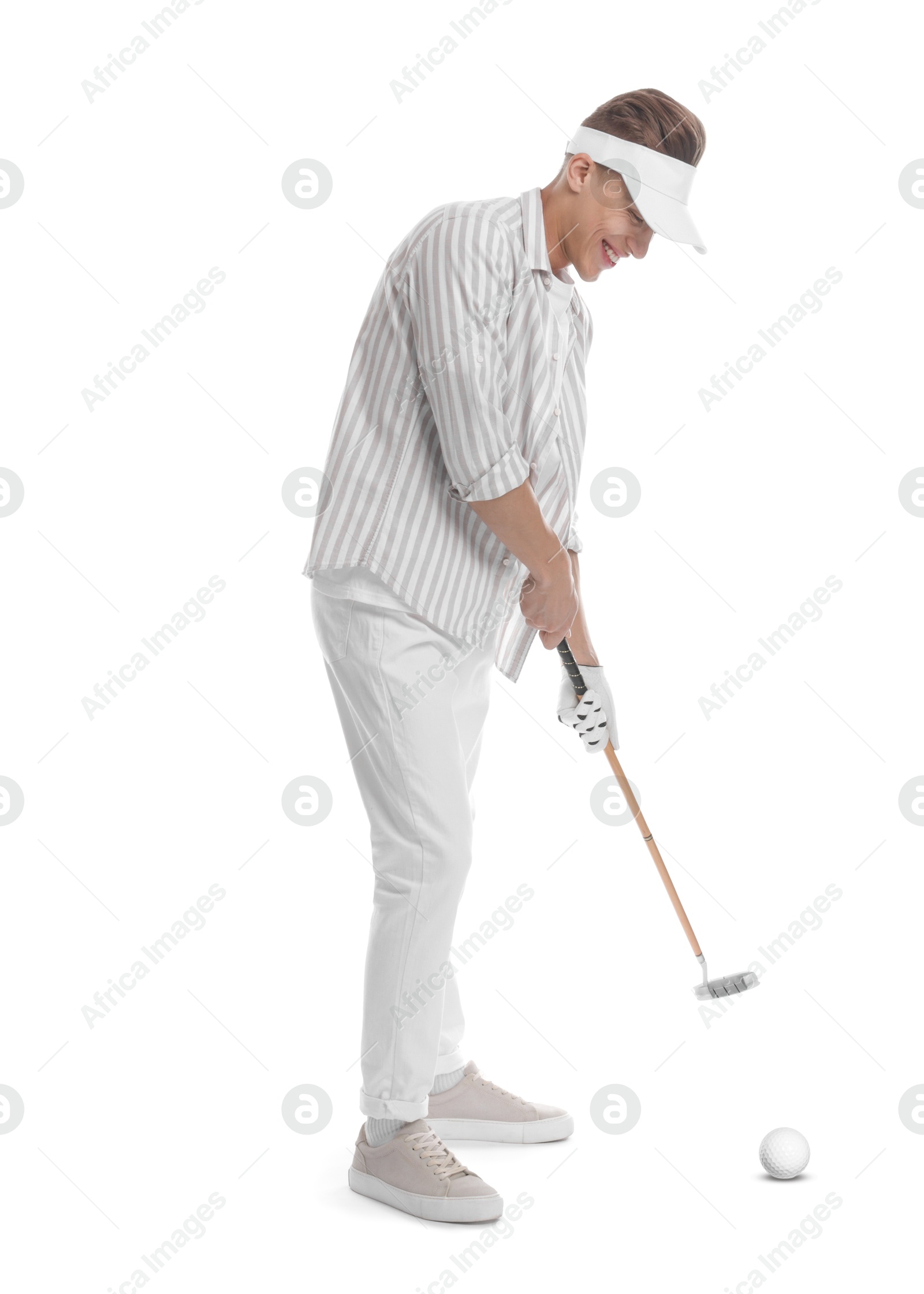 Man with golf club and ball on white background Image of Man with golf club and ball on white background