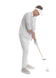 Image of Man with golf club and ball on white background
