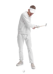 Image of Man with golf club and ball on white background