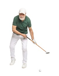 Image of Man with golf club and ball on white background