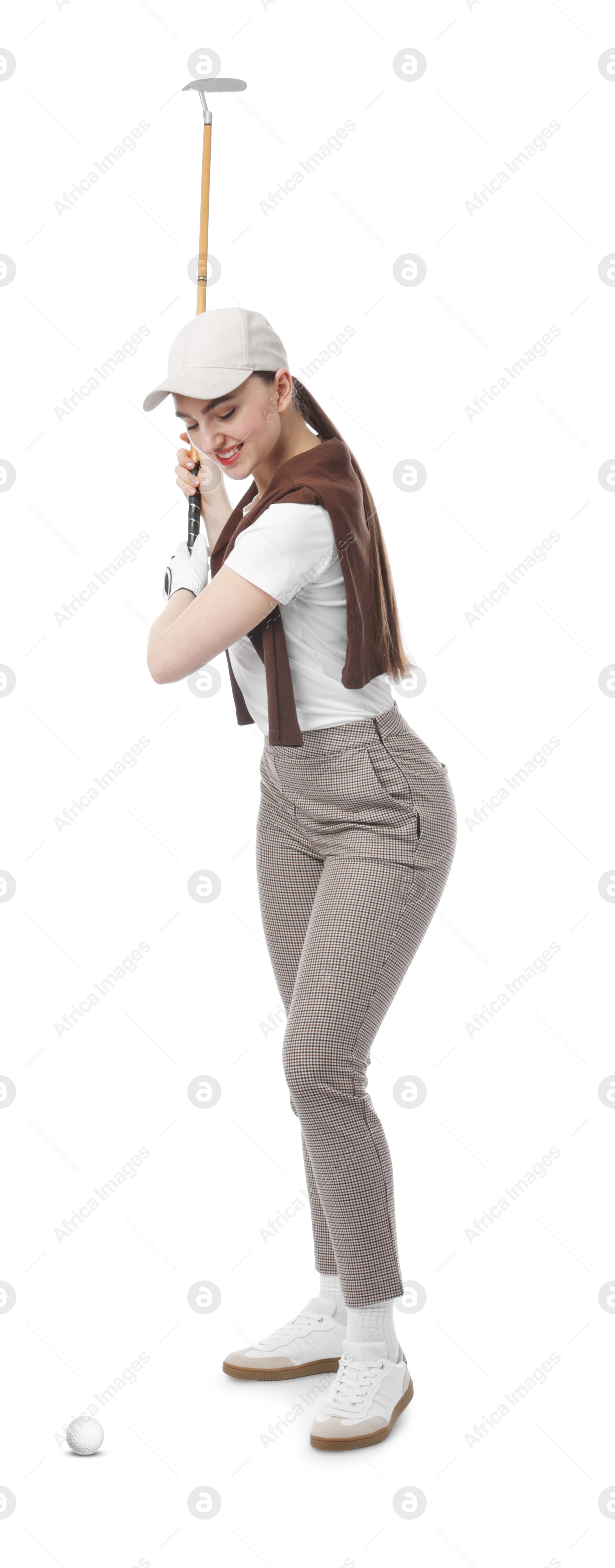 Woman with golf club and ball on white background Image of Woman with golf club and ball on white background
