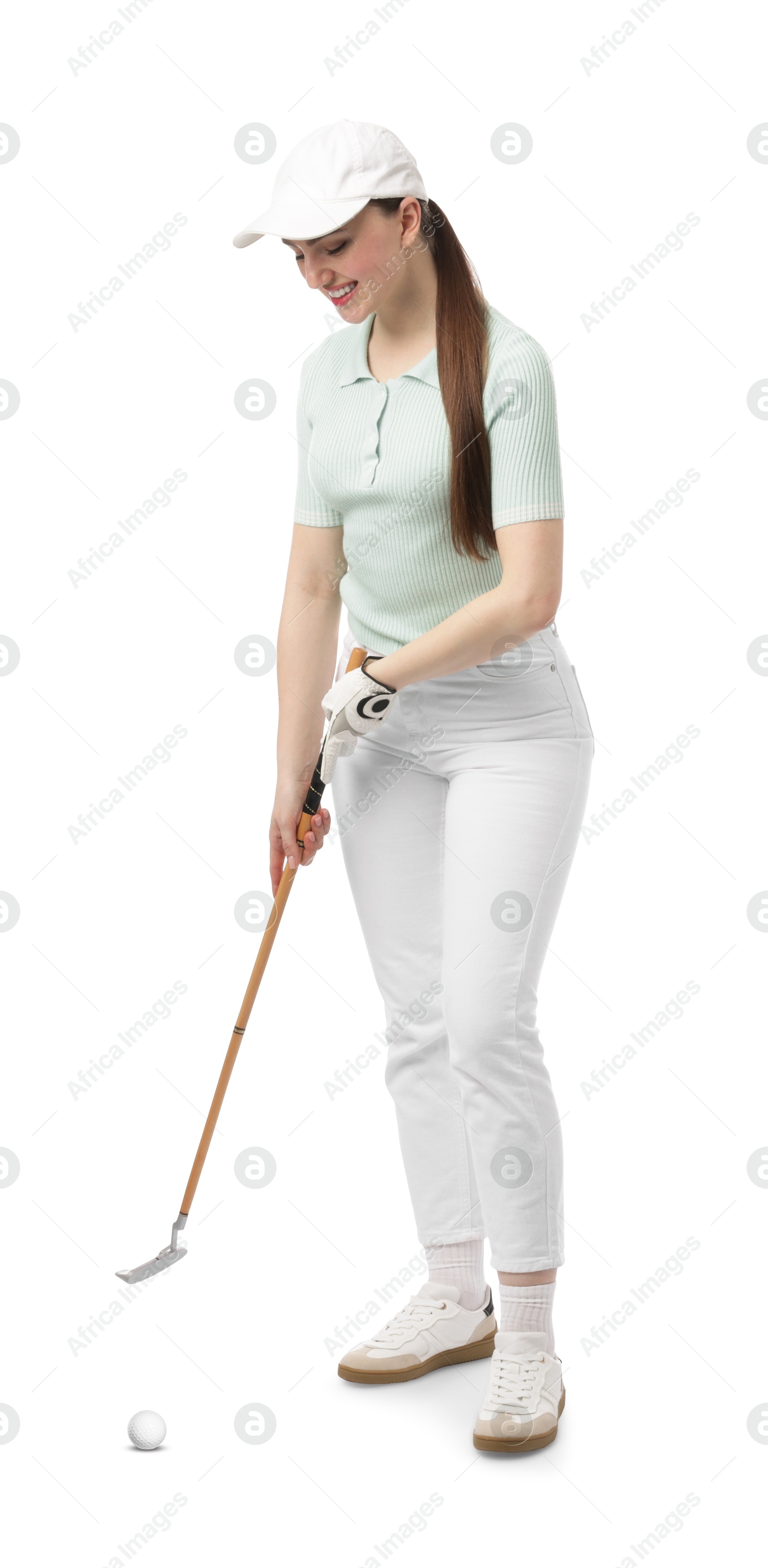 Golfer hitting ball with club on white background Image of Golfer hitting ball with club on white background