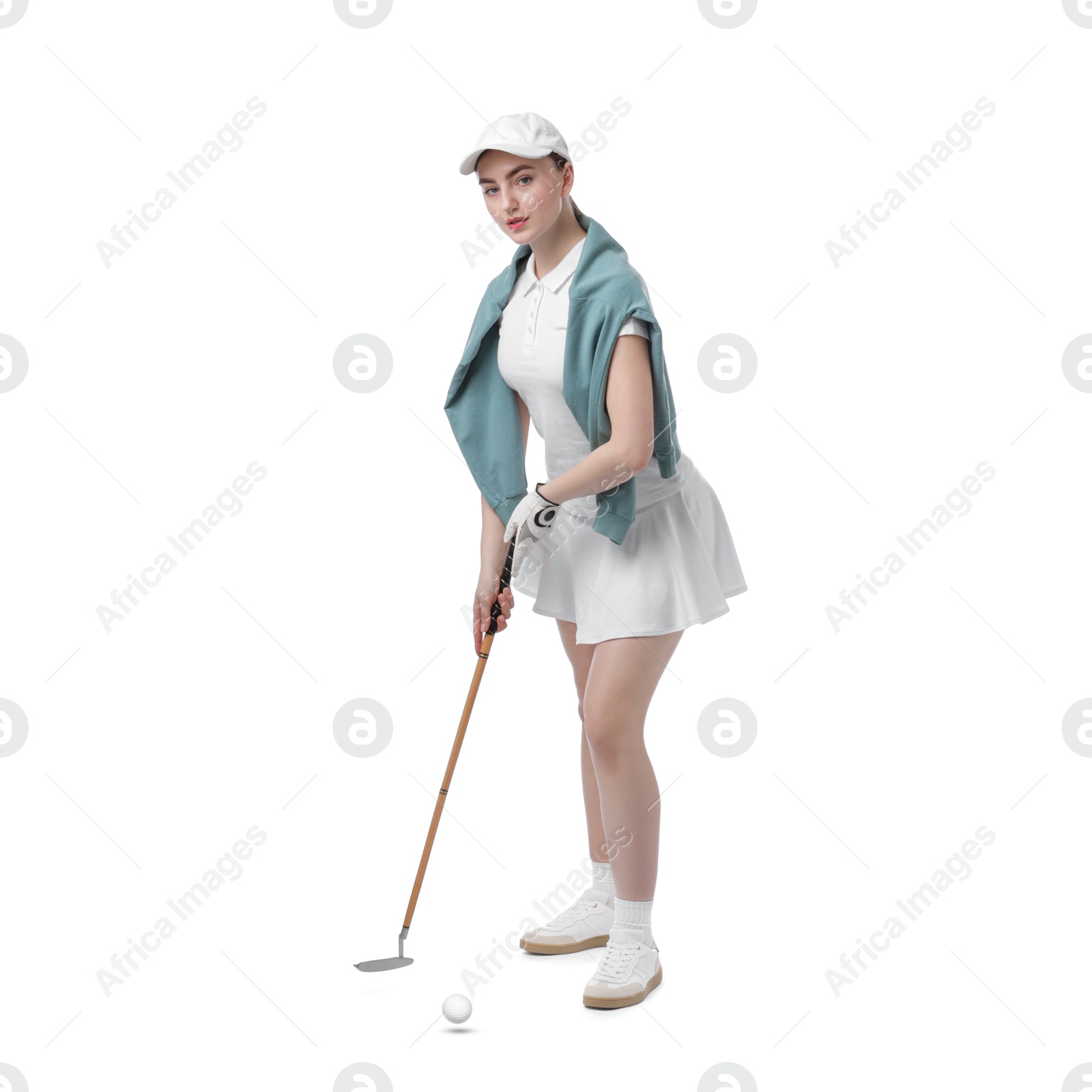 Golfer hitting ball with club on white background Image of Golfer hitting ball with club on white background