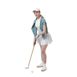Image of Golfer hitting ball with club on white background