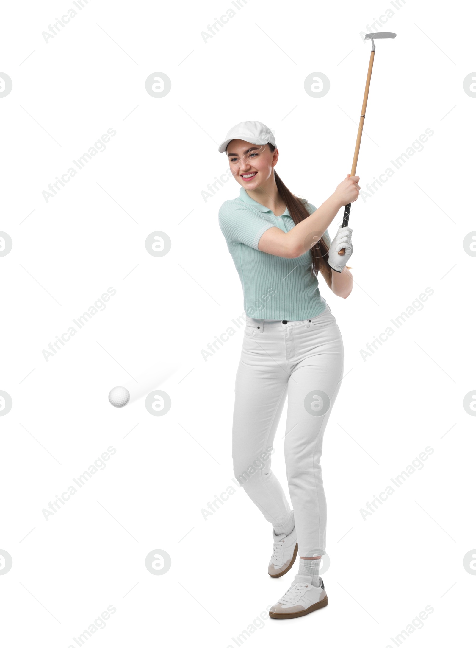 Woman with golf club and ball on white background Image of Woman with golf club and ball on white background