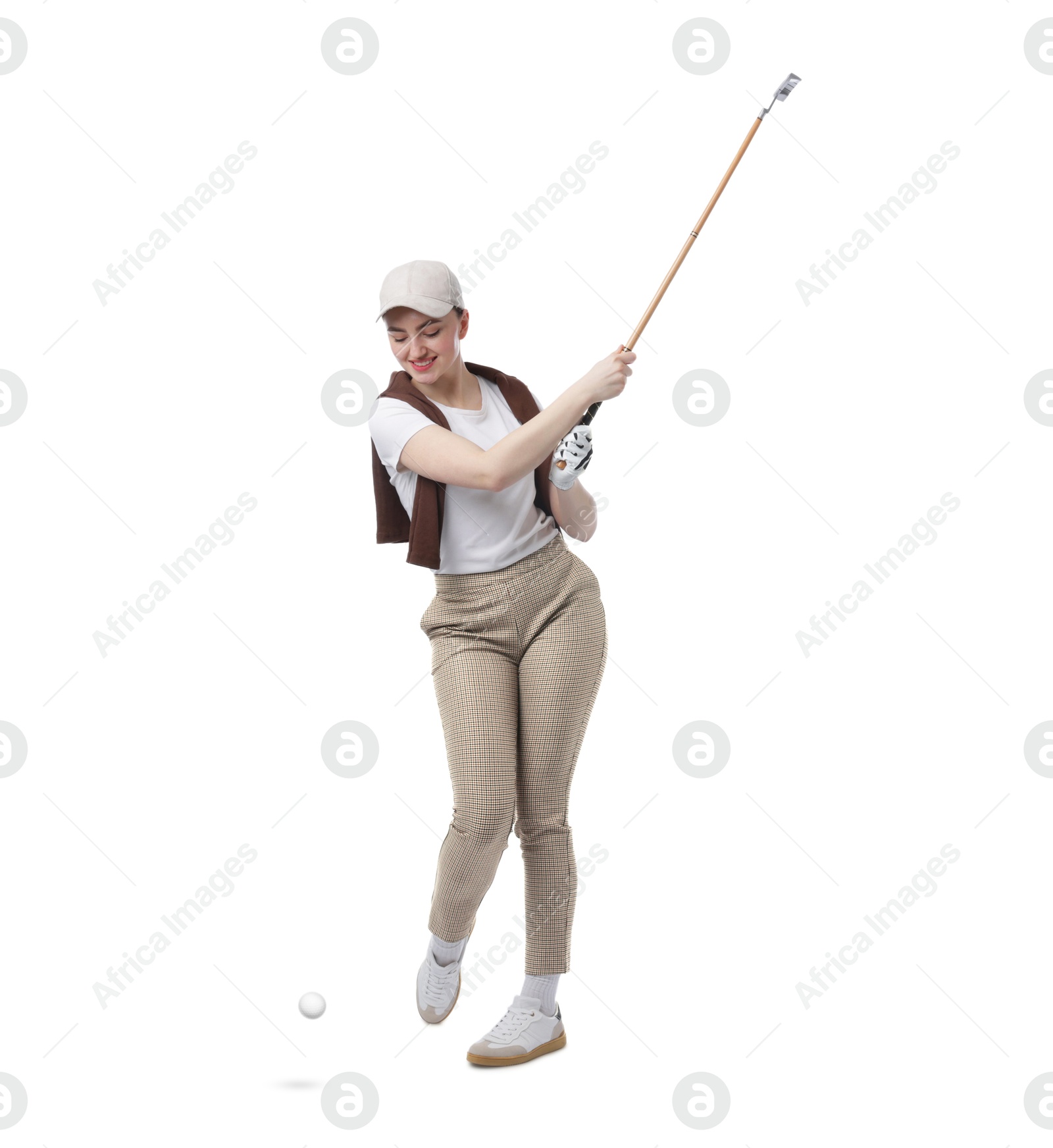 Woman with golf club and ball on white background Image of Woman with golf club and ball on white background