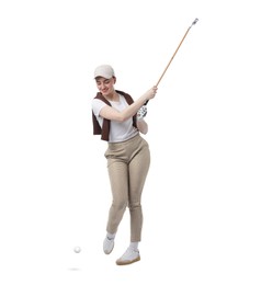 Image of Woman with golf club and ball on white background