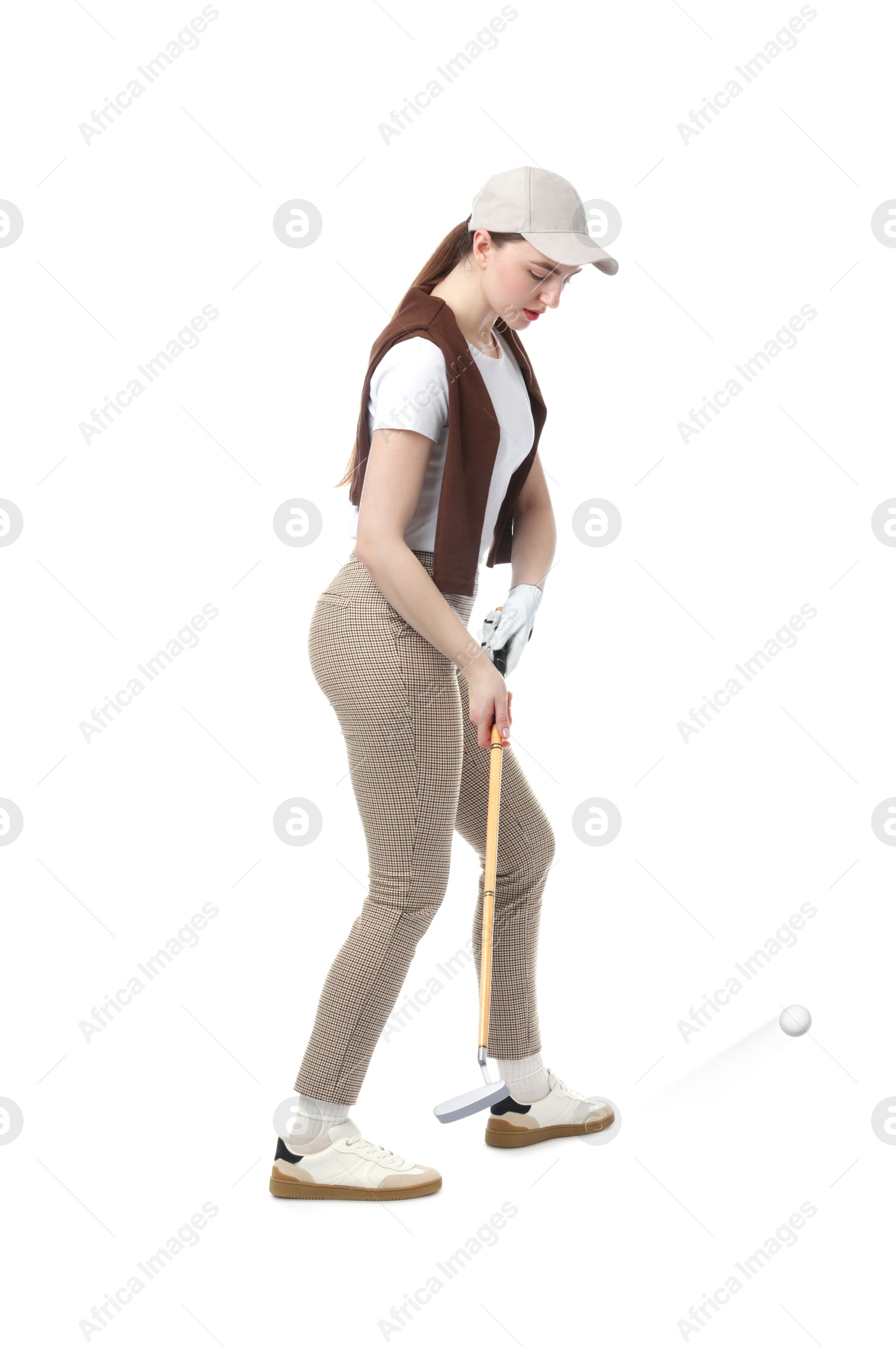Woman with golf club and ball on white background Image of Woman with golf club and ball on white background