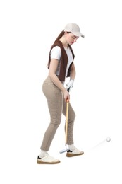 Image of Woman with golf club and ball on white background