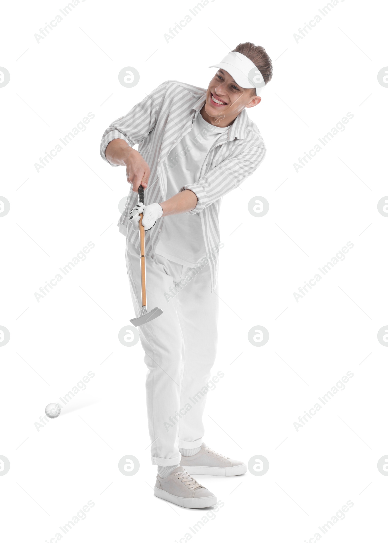 Golfer hitting ball with club on white background Image of Golfer hitting ball with club on white background