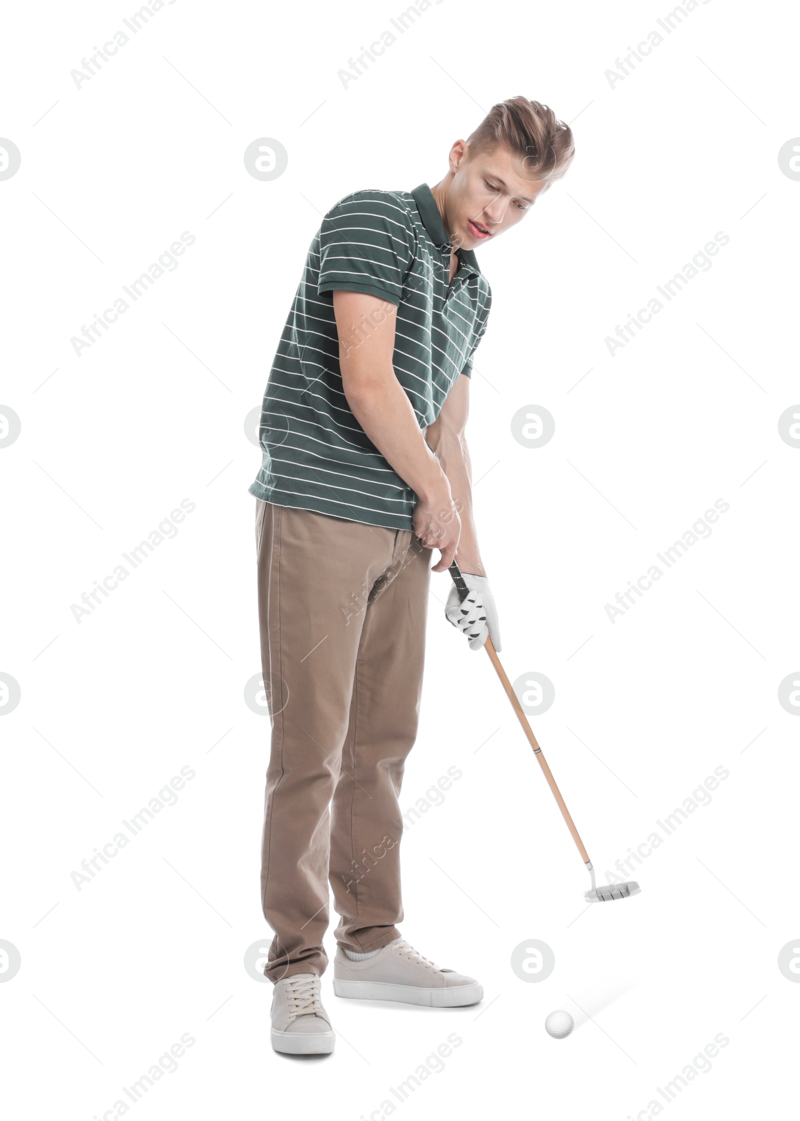 Golfer hitting ball with club on white background Image of Golfer hitting ball with club on white background