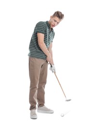 Image of Golfer hitting ball with club on white background