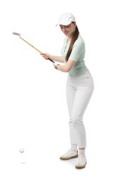 Image of Woman with golf club and ball on white background
