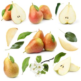 Image of Fresh pears and green leaves on white background, collage
