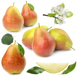 Image of Fresh pears and green leaves on white background, collage