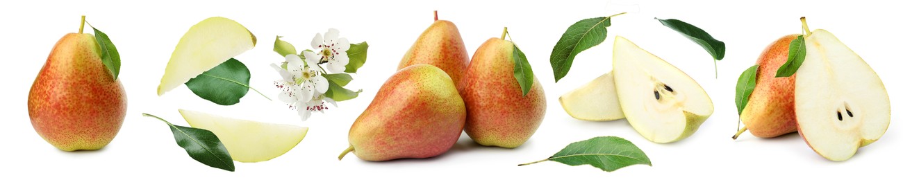 Image of Fresh pears and green leaves on white background, set