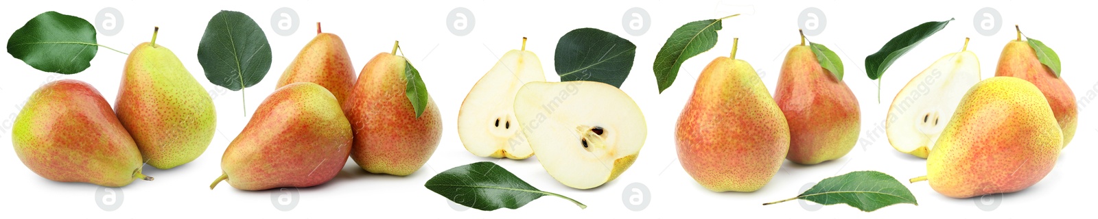 Image of Fresh pears and green leaves on white background, set