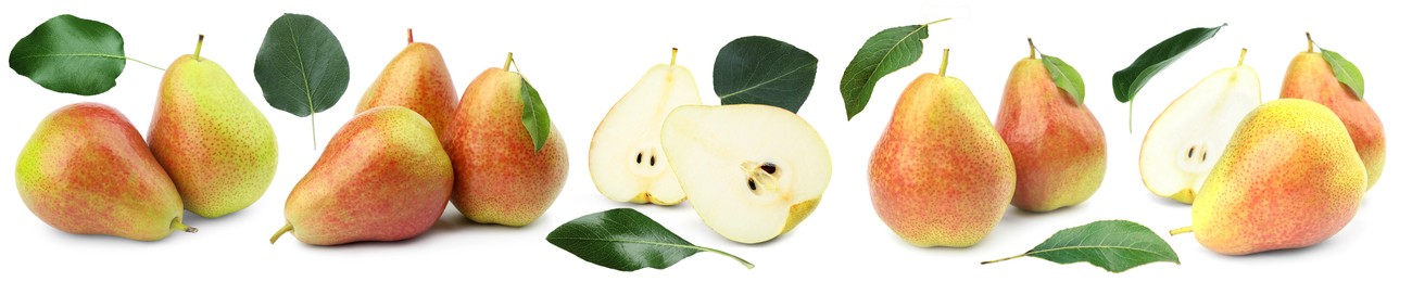 Image of Fresh pears and green leaves on white background, set