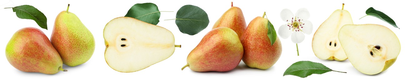 Image of Fresh pears and green leaves on white background, set
