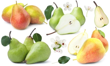 Image of Fresh pears and green leaves on white background, collage