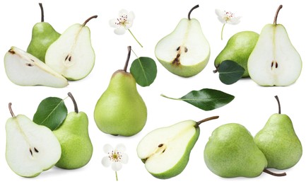Image of Fresh pears and green leaves on white background, collage