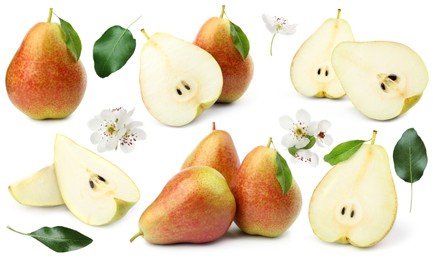Image of Fresh pears and green leaves on white background, collage