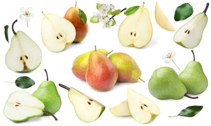 Image of Fresh pears and green leaves on white background, collage