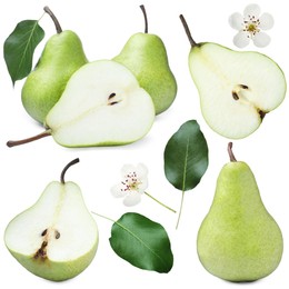 Image of Fresh pears and green leaves on white background, collage