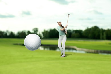 Image of Golfer hitting ball with club on course, selective focus