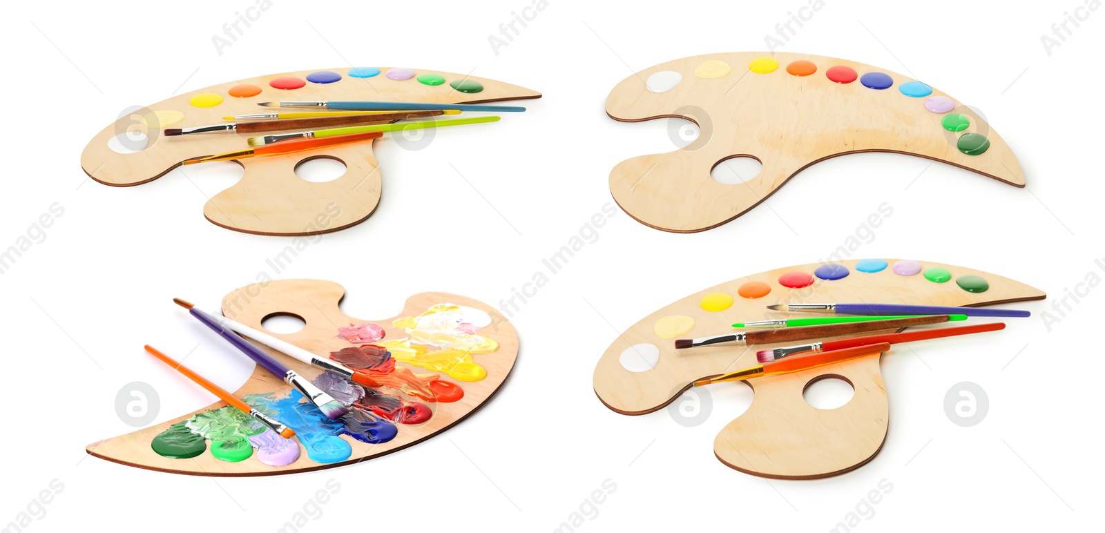 Wooden palette with paints and brushes isolated on white, collage Image of Wooden palette with paints and brushes isolated on white, collage