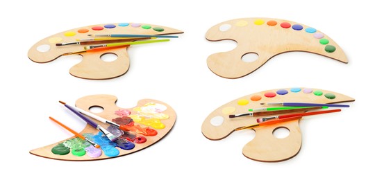Image of Wooden palette with paints and brushes isolated on white, collage
