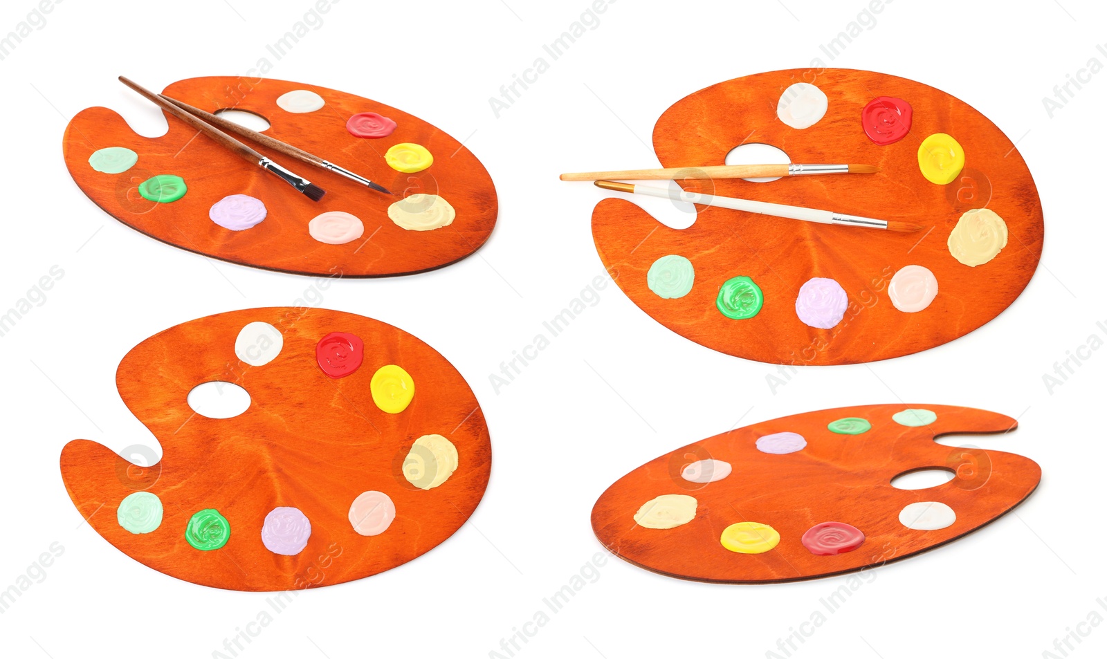 Wooden palette with paints and brushes isolated on white, collage Image of Wooden palette with paints and brushes isolated on white, collage