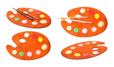 Image of Wooden palette with paints and brushes isolated on white, collage