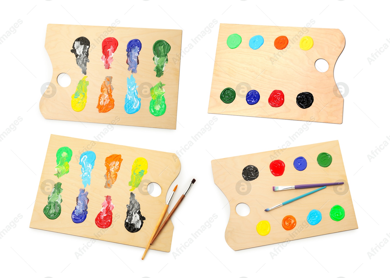 Wooden palette with paints and brushes isolated on white, collage Image of Wooden palette with paints and brushes isolated on white, collage
