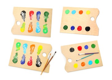 Image of Wooden palette with paints and brushes isolated on white, collage