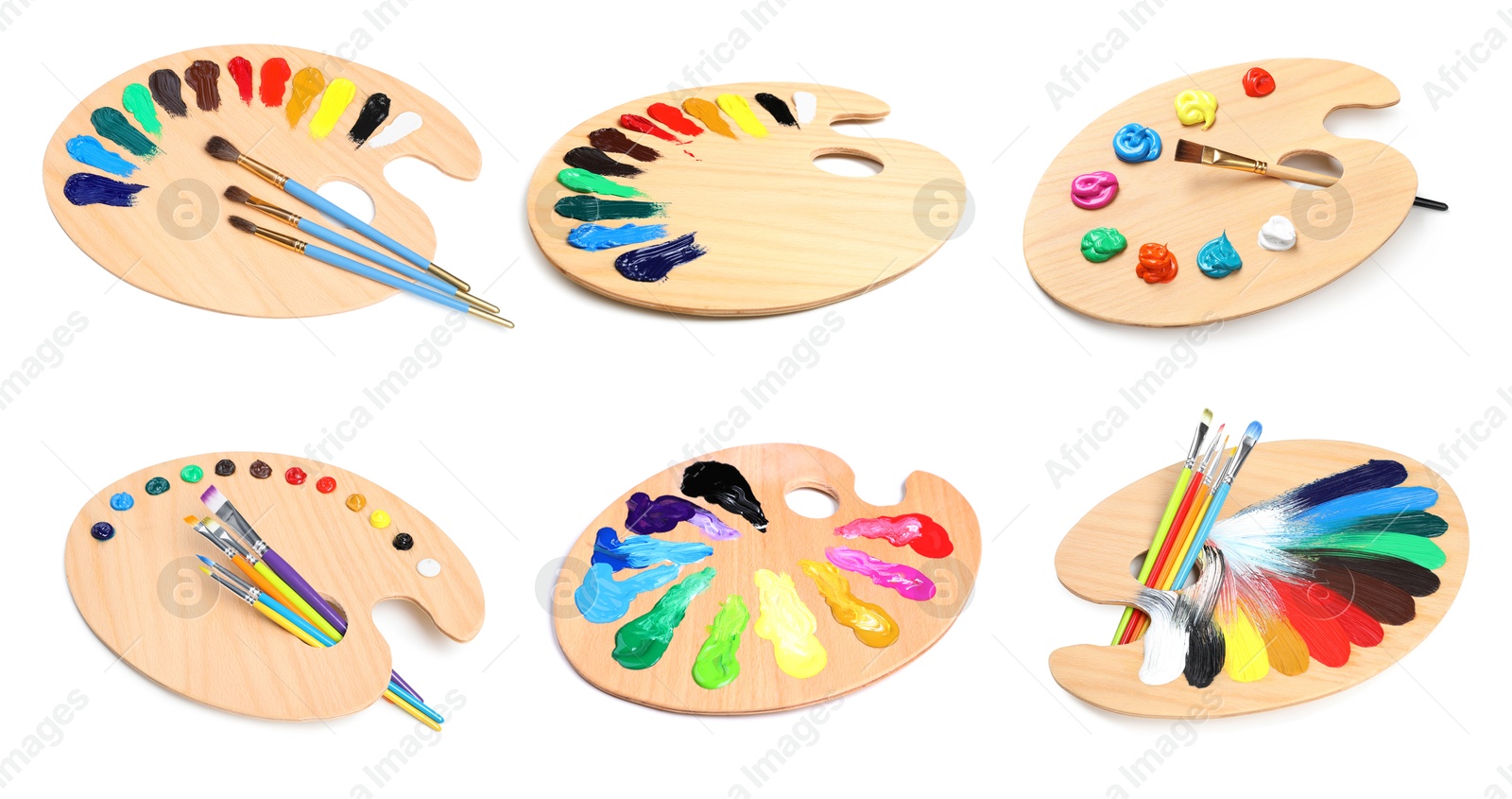 Palette with paints and brushes on white background, collage Image of Palette with paints and brushes on white background, collage