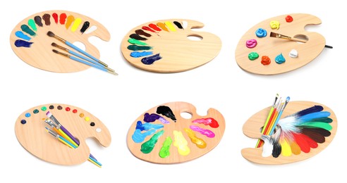 Image of Palette with paints and brushes on white background, collage