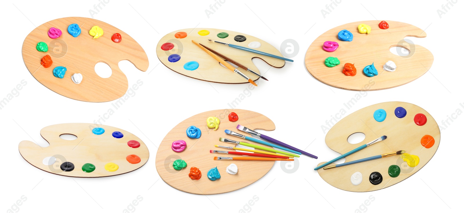 Wooden palette with paints and brushes isolated on white, collage Image of Wooden palette with paints and brushes isolated on white, collage