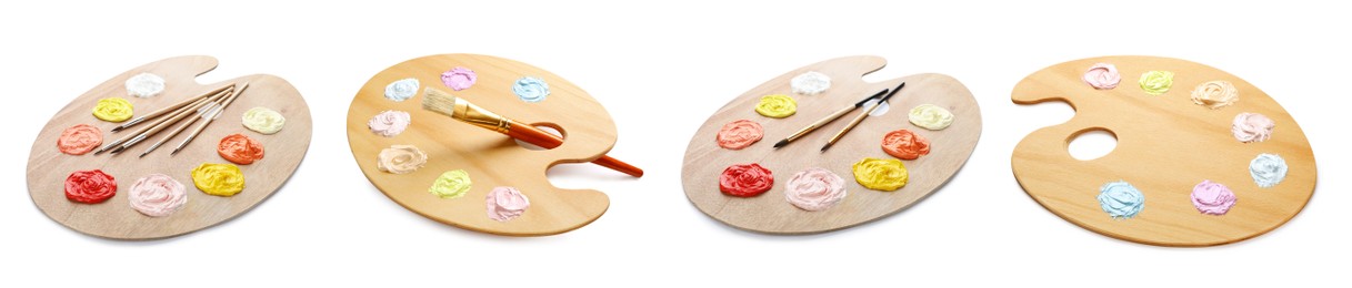 Image of Wooden palettes with paints and brushes isolated on white, collage